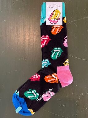 Happy Socks Black Crew Socks with Multicolor Tongue ROLLING STONES